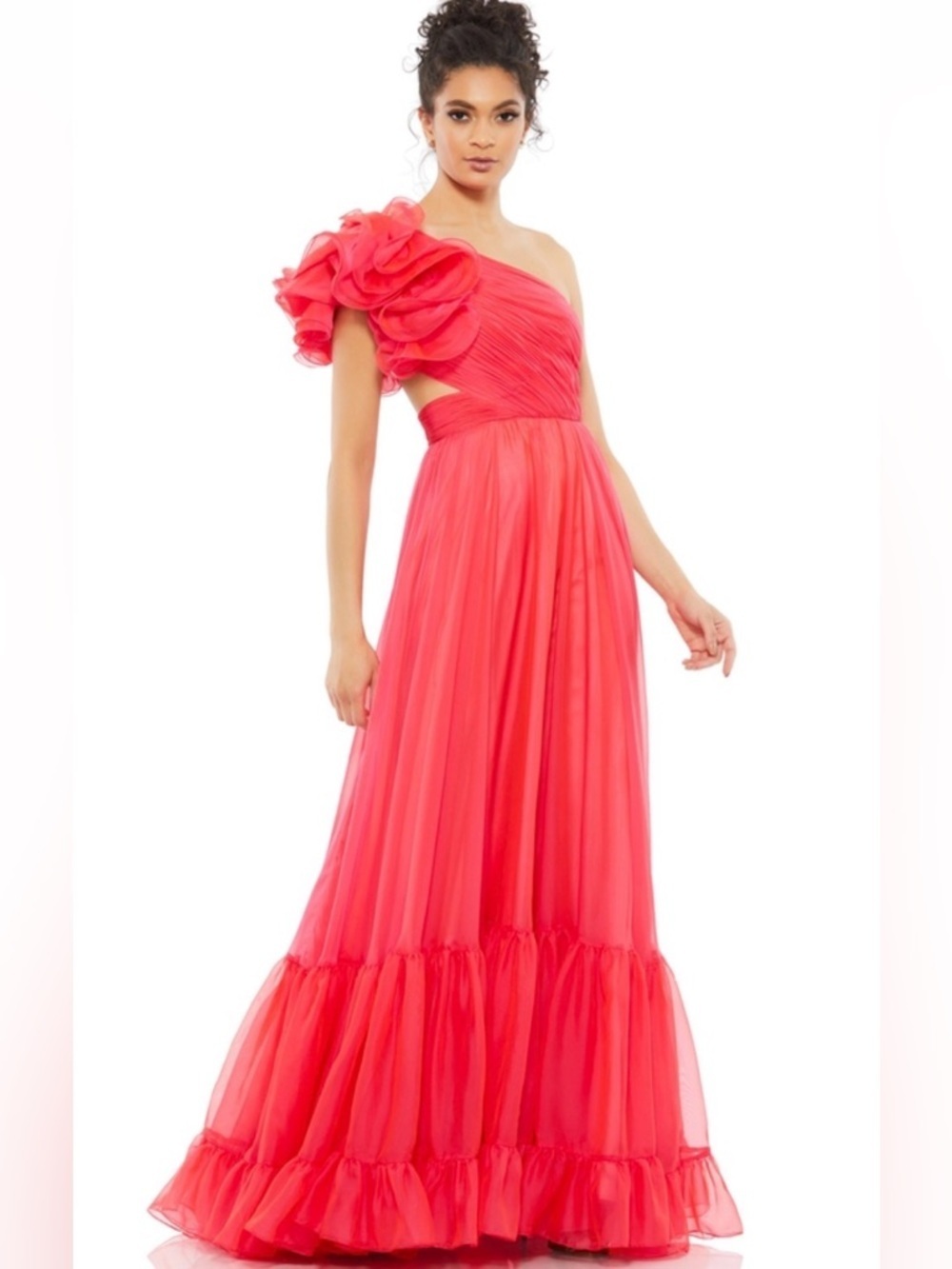 Mac Duggal Dress One Shoulder Ruffle Maxi Gown Chiffon Womens 2 Hot Pink a67941